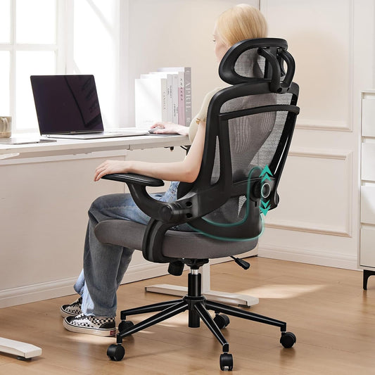 Ergonomic Mesh Office Chair, High Back Desk Chair with 2D Headrest, Up&Down Lumbar Support, Swivel Computer Task Chair with Adjustable Flip-Up Armrests,Grey-1