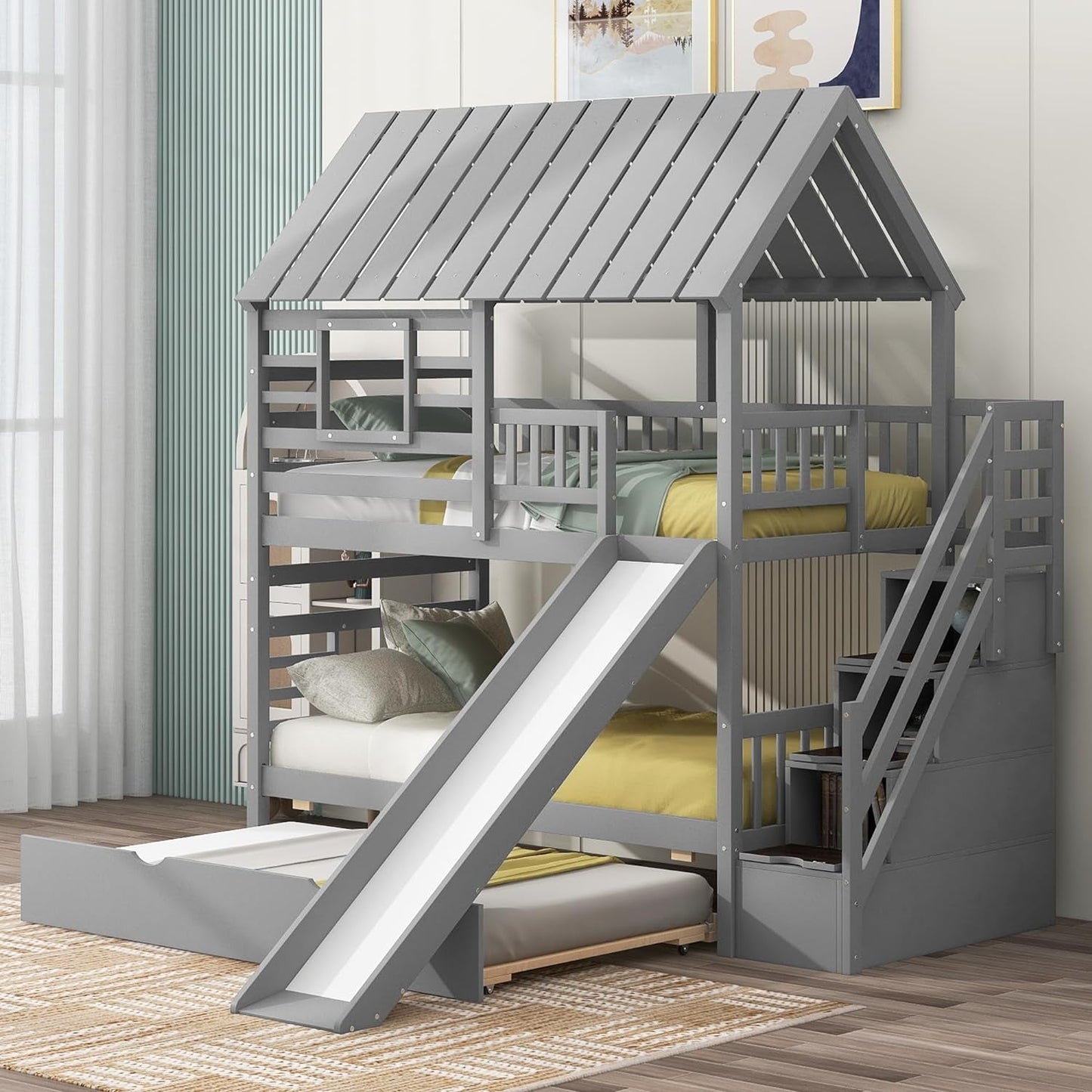 Kids Twin over Twin Bunk Beds with Slide and Trundle, Solid Wood Bunk Bed Frame with Stairs and Storage, Playhouse Bunk Bed with Roof and Window for Kids, Teens, Girls & Boys (Gray)-1