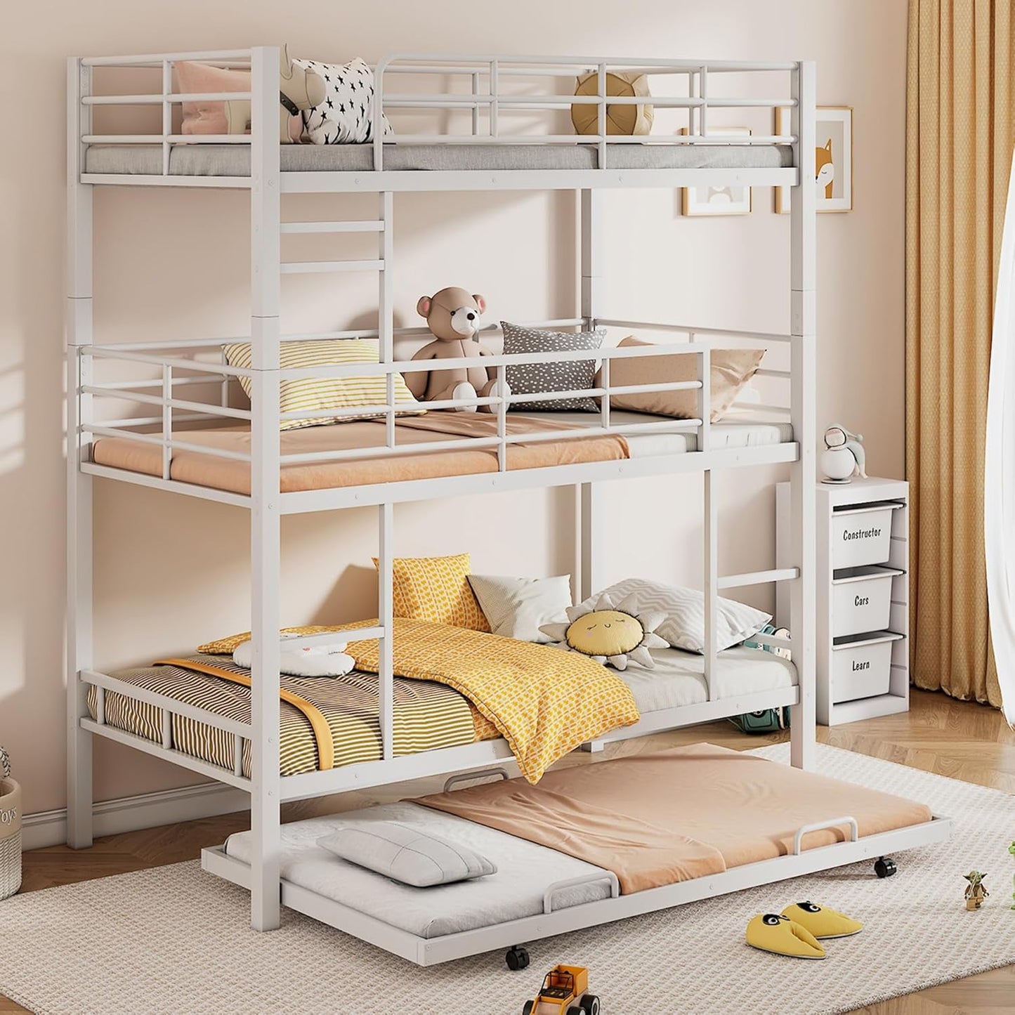 White Triple Bunk Bed with Trundle, Twin over Twin Bunk Beds, Metal Quad Bunk Beds, 3 Bunk Beds with 2 Ladders & Guardrails, Convertible Heavy Duty Steel Frame-0