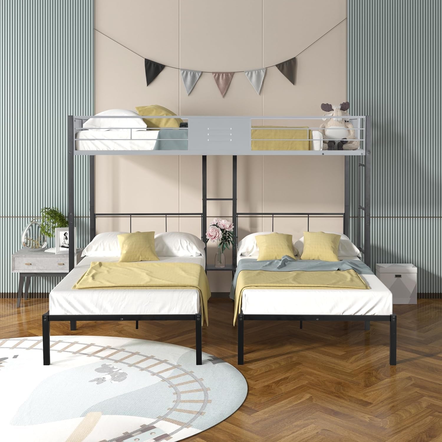 Twin Triple Bunk Bed with Vent Board for Kids,Metal Bedframe with Wood Slat Support,Separates into 3 Beds,No Box Spring Needed,Black-0