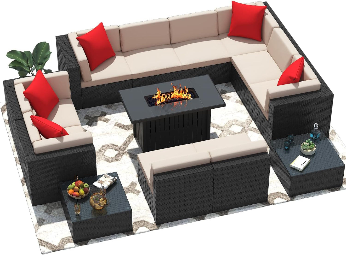 Patio Furniture Sets 13-Pieces Outdoor PE Rattan Sectional Sofa W/43In Gas Fire Pit Table 55000 BTU Add Warmth to Gatherings Parties on Deck Garden Backyard, Light Beige-0