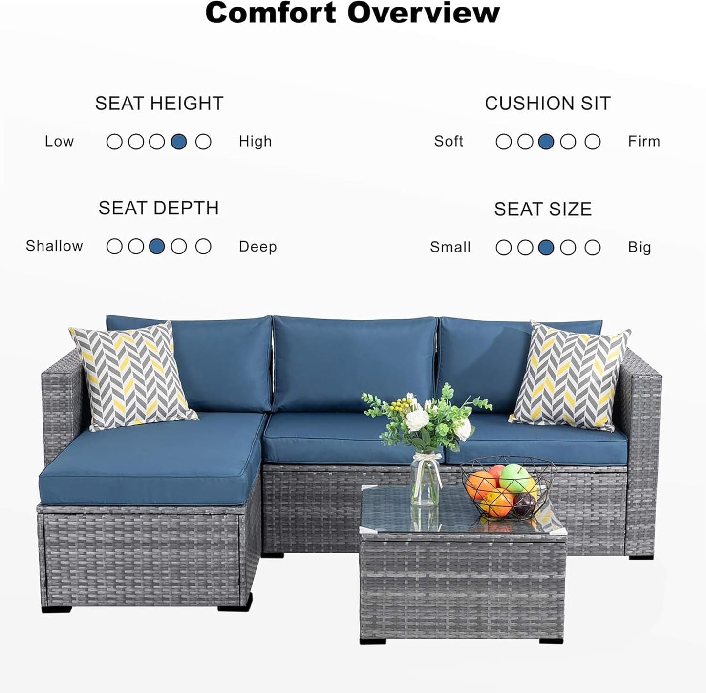 Patio Furniture Sets 3 Pieces Outdoor Sectional Sofa Silver All-Weather Rattan Wicker Sofa Small Patio Conversation Couch with Washable Cushion and Glass Table(Aegean Blue)-2