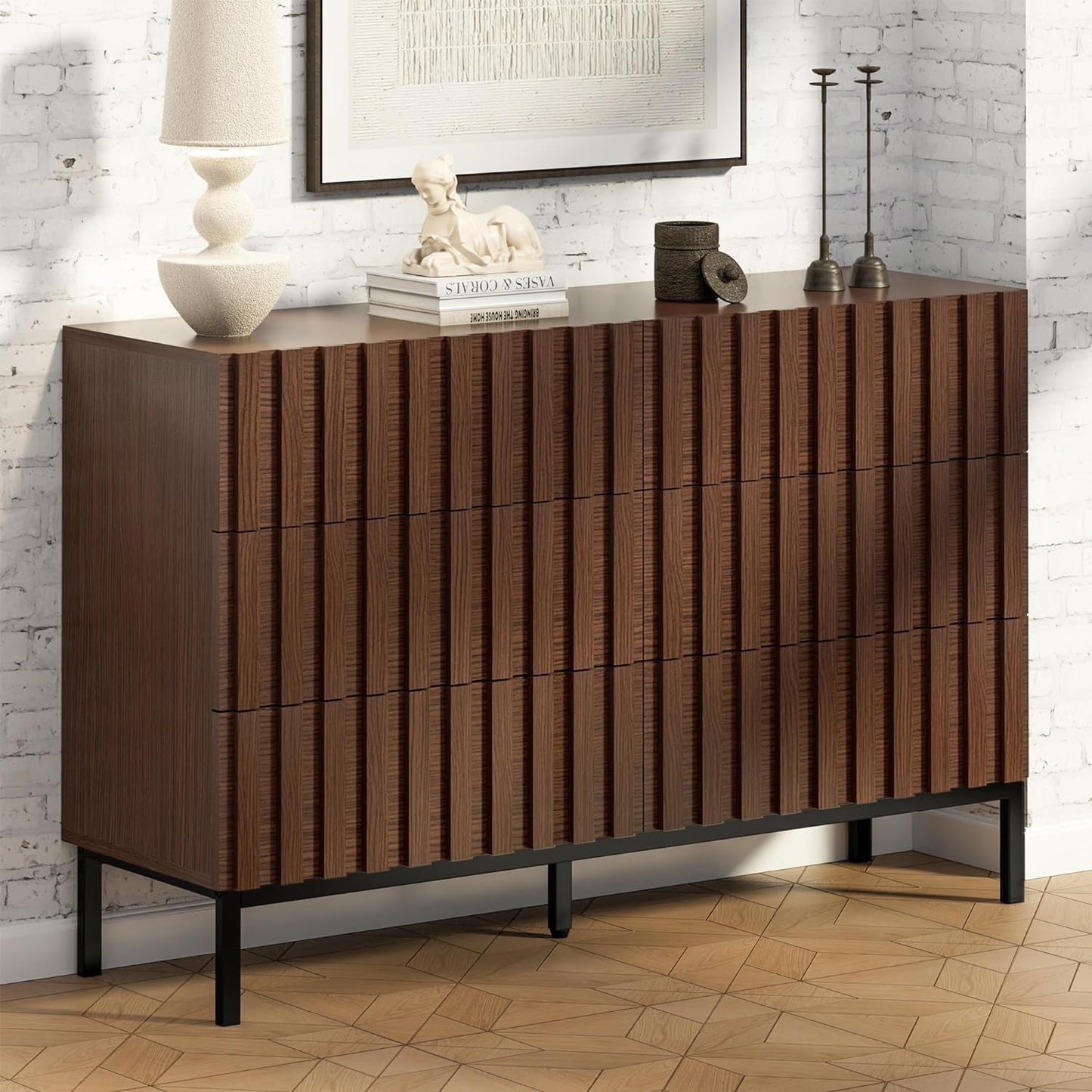 Walnut Dresser,Mid Century Modern Dresser,Brown Chest of Drawers for Bedroom,Fluted 6 Drawer Dresser with Metal Stand,Hallway(Dark Brown)-3