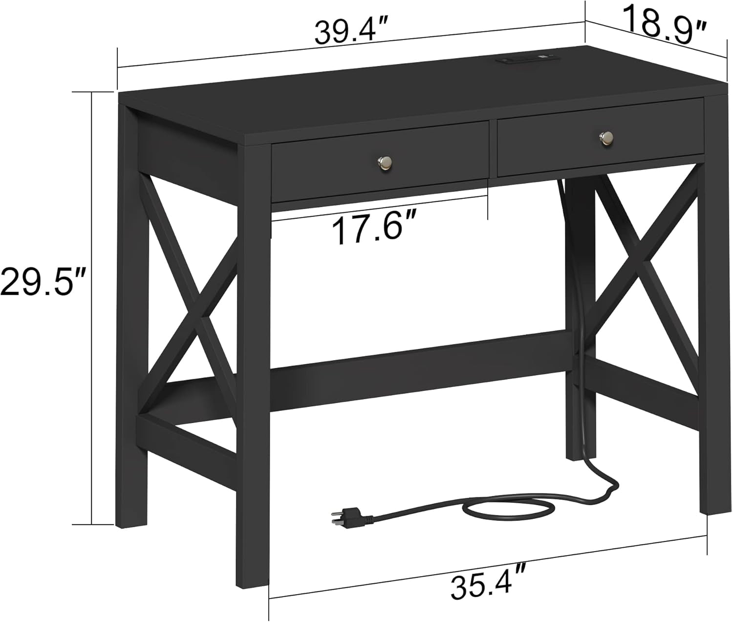 Computer Desk with USB Charging Ports and Power Outlets, 39" Black Desk with Drawers, Small Study Writing Table with Stable X Frame for Home Office-2