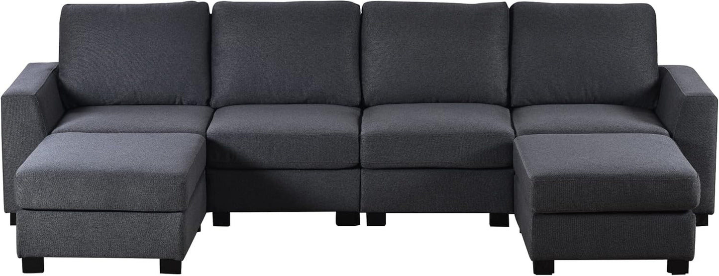 Convertible Sectional Sofa Couch, Modern Fabric U-Shaped Living Room Furniture Set with Removable Ottomans, 4-Seat Upholstered Couch with Wide Armrest for Office, Apartment-4