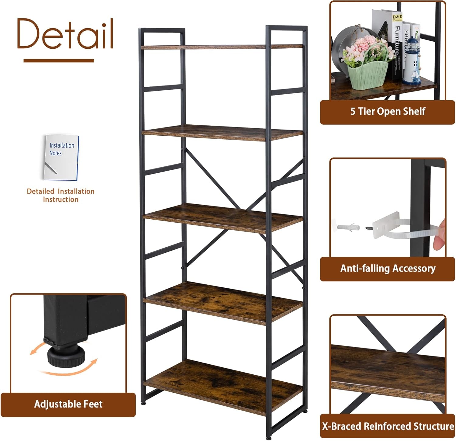 Pair 5 Shelf Bookcases: Tall Rustic Industrial-4