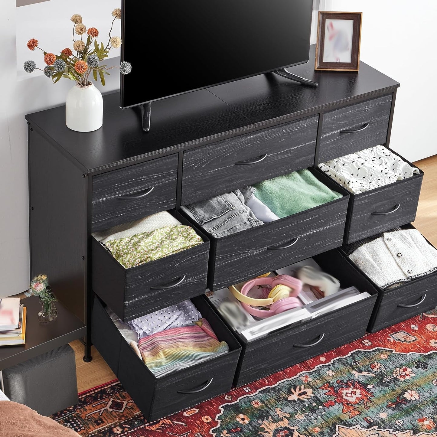 Dresser, Dresser for Bedroom with 9 Drawers, Wide Dresser TV Stand for 55” TV Stand for Bedroom Dresser Long Dressers & Chests of Drawers, Metal Frame&Wood Top, Closet, Hallway, Charcoal Black-4