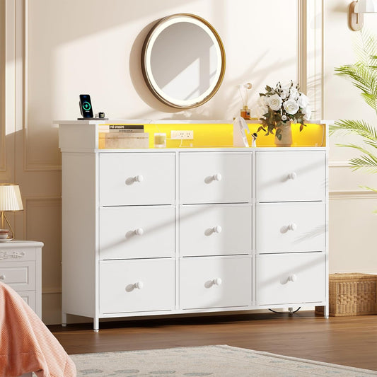 Dresser for Bedroom with 9 Drawer,White Dresser with LED Light,Tv Stand for Bedroom with Charging Station,Chests of Drawers for Bedroom Hallway,Closet (White)-0
