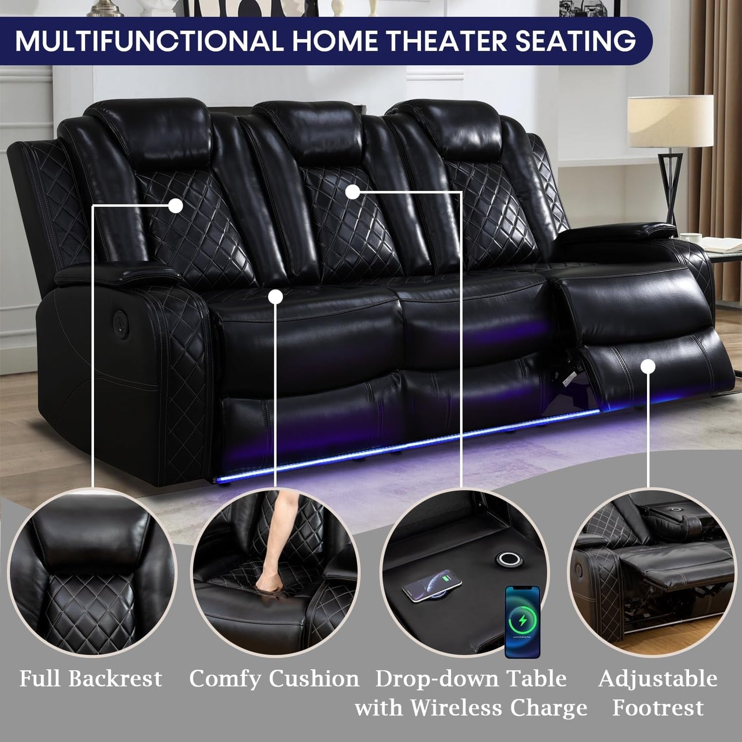 Power Recliner Sofa Set with LED Lights,Leather Reclining Sofa with USB Port/Wireless Charger/Storage Console/Cup Holder,3 Piece Reclining Living Room Set for House/Home Theater(3 Piece Set,Black)-3