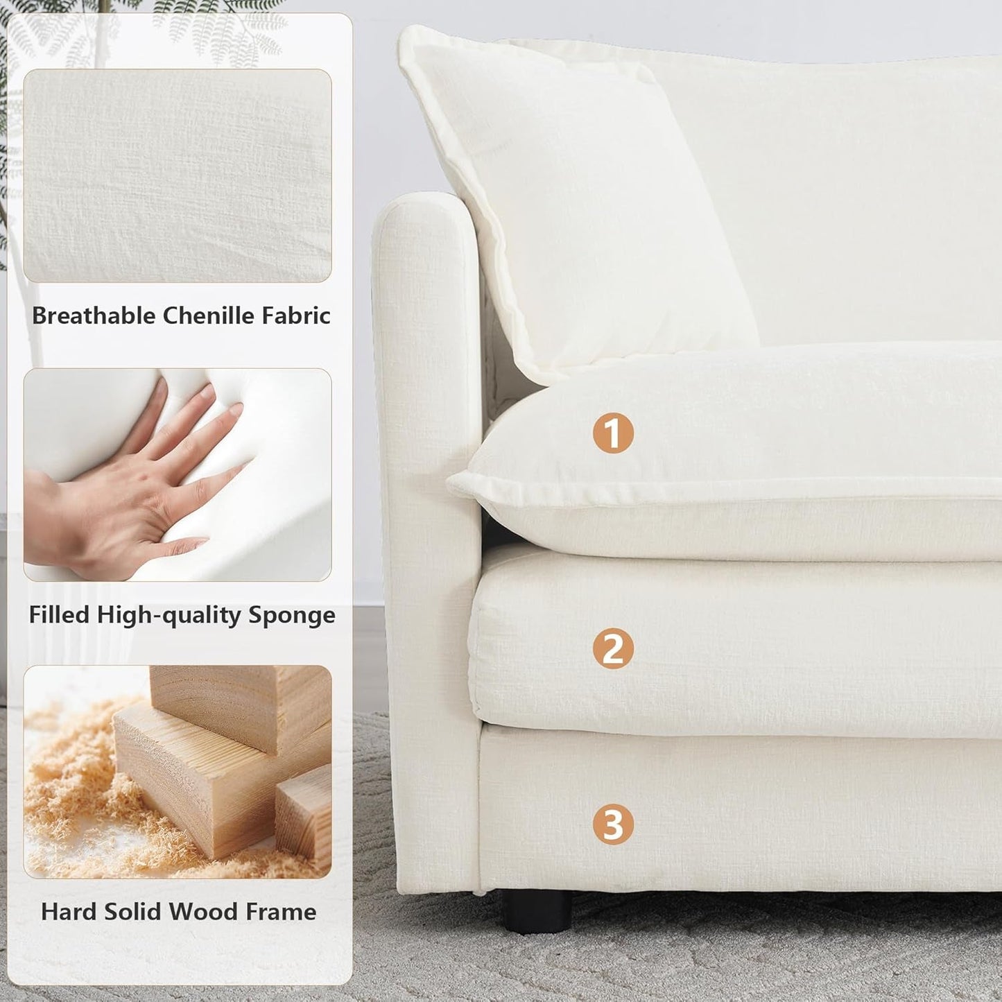 Luxury 3 Piece Sofa Set, 2 Pieces of Single Sofa and 1 Piece of 3 Seater Sofa, Modern Chenille Comfy Cloud Couches Set with 7 Pillows for Living Room Office, Beige-3