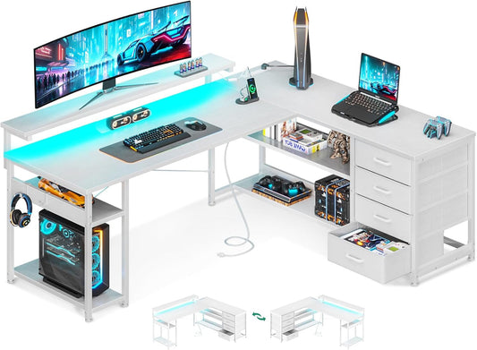 61" L Shaped Desk with Drawer, Computer Desk with Power Outlets & LED Lights, Reversible Corner Gaming Desk for Home Office Workstation, Office Desk with Monitor Shelf, Pure White-0