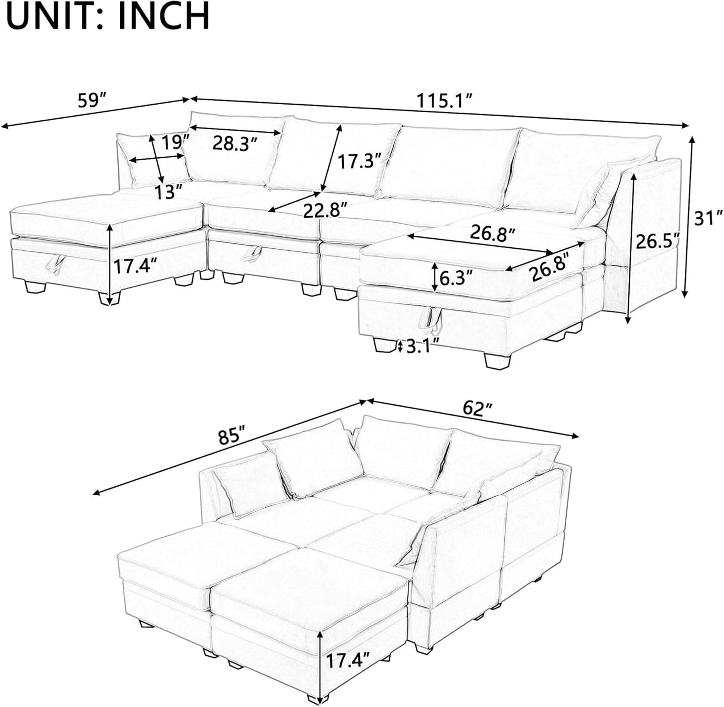 Large U-Shaped Combination Corner Sofa with Storage Seat, Modular Sectional Sofa with Reversible Chaise, for Living Room, Office, and Spacious Space, Light Green-1