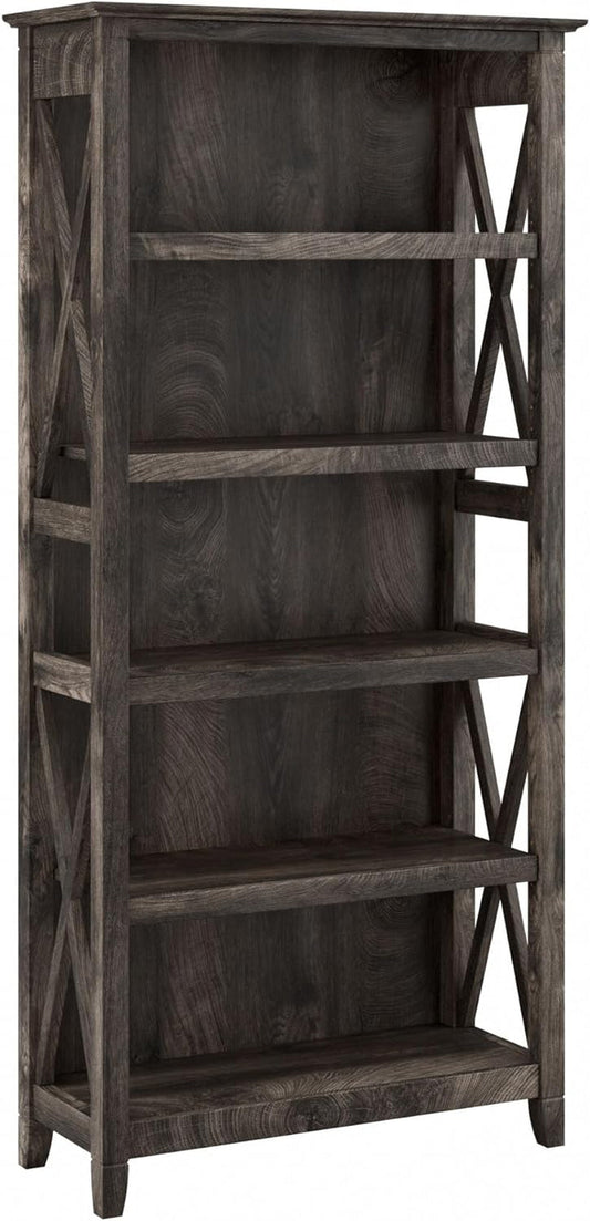 Bush Furniture Tall 5 Shelf Bookcase for Living Room or Home Office, Large Bookshelf, Modern Farmhouse Style, Key West Collection, Dark Gray Hickory-0