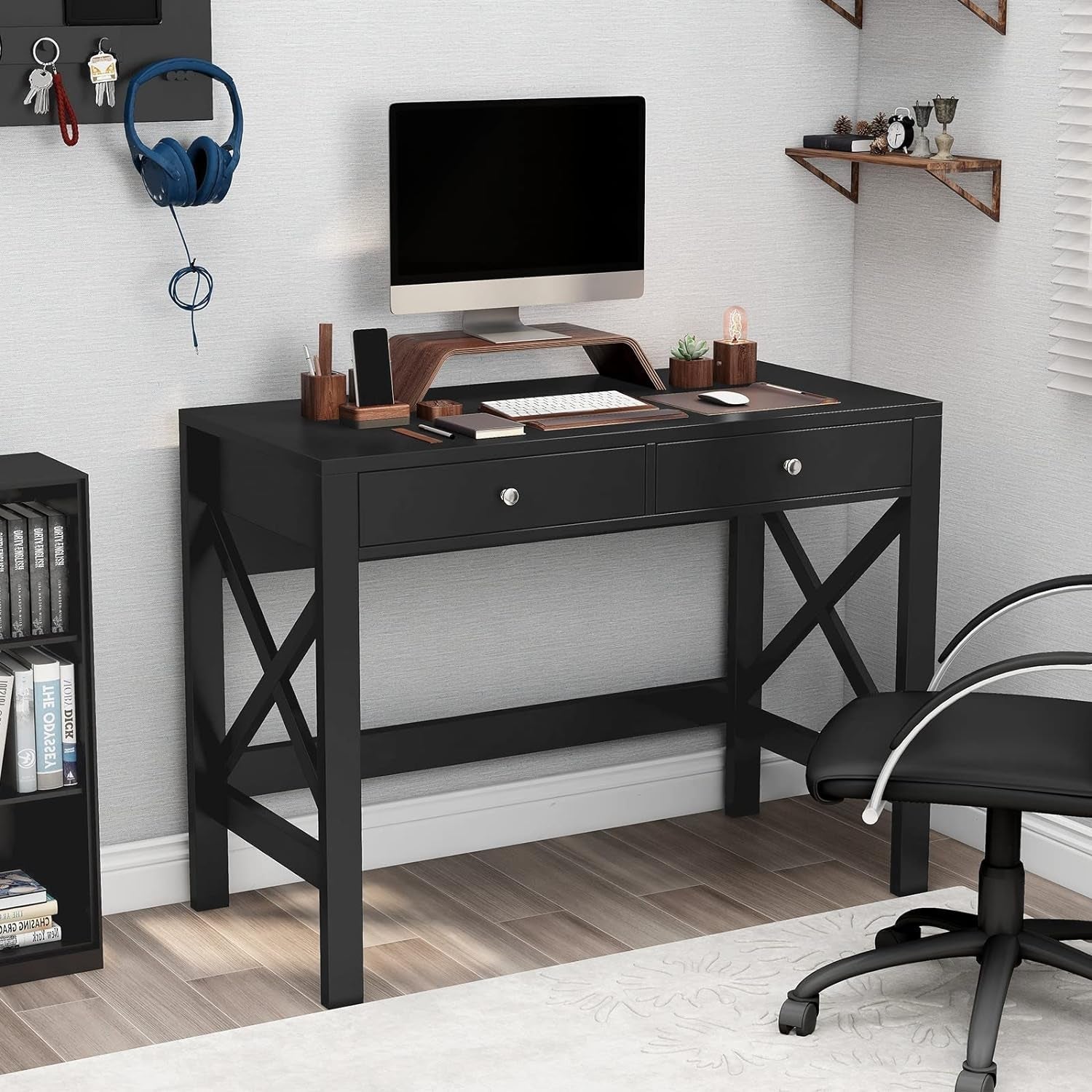Home Office Desk Writing Computer Table Modern Design Black Desk with Drawers, Makeup Vanity Table-3