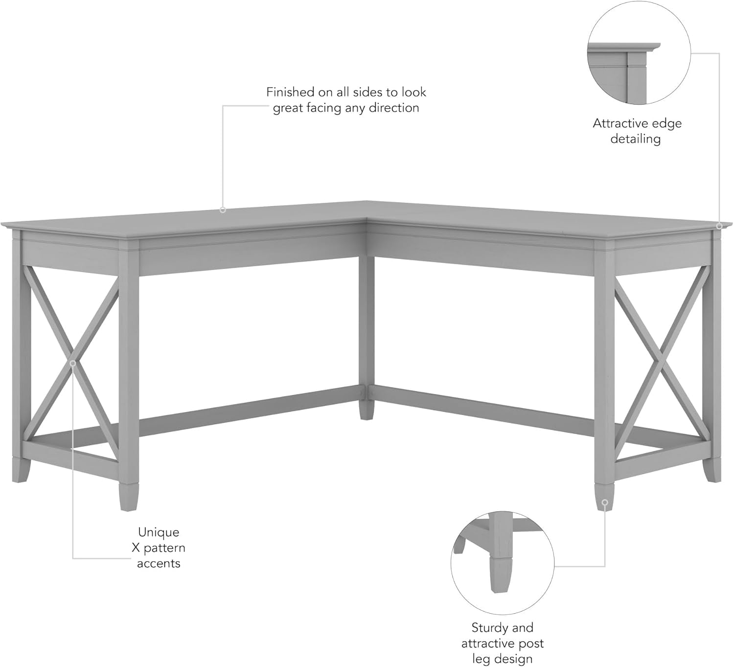 Bush Furniture Key West 60W Modern Farmhouse L Shaped Desk in Cape Cod Gray | 60-Inch Corner Table for Home Office-4