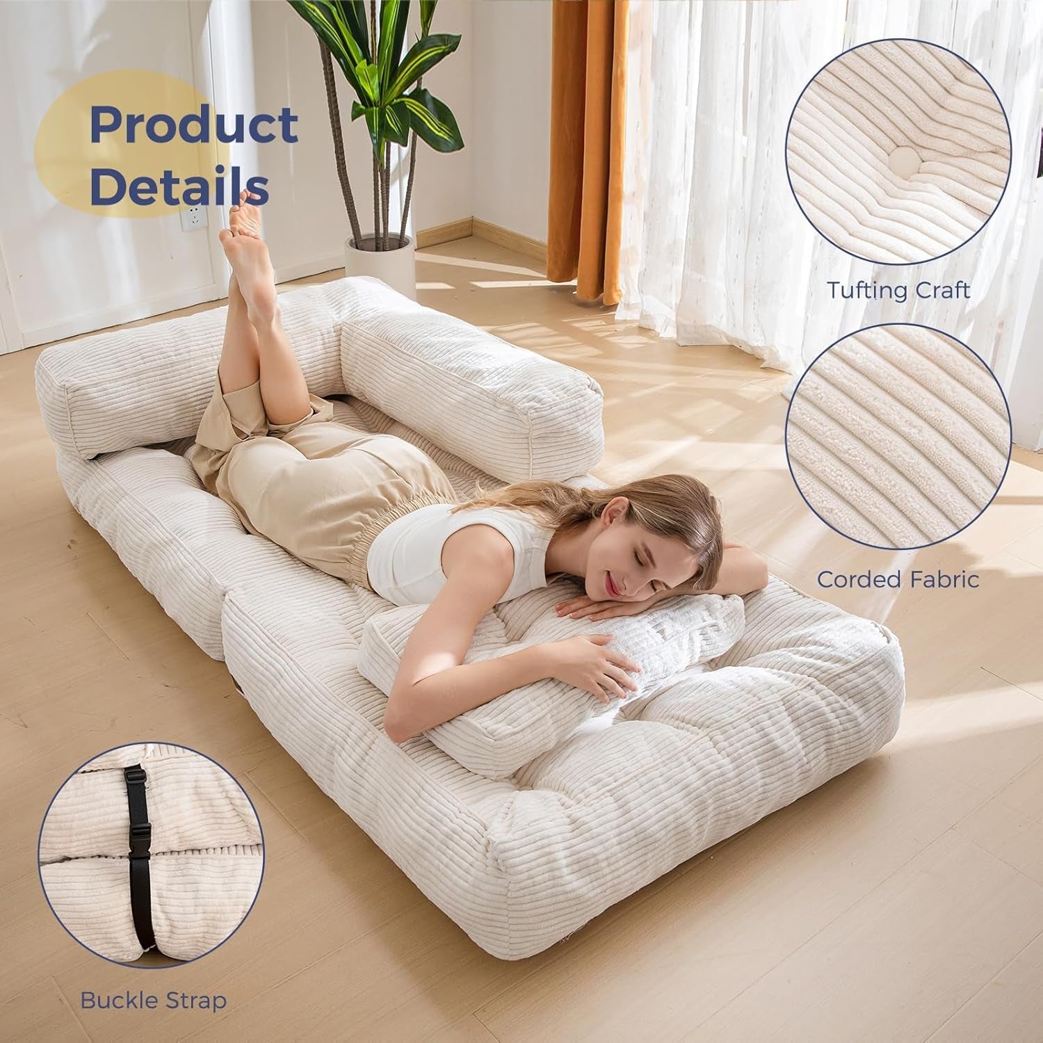 Folding Sofa Bed, L-Shaped Convertible Sofa Bed with Armrest, Beige-2