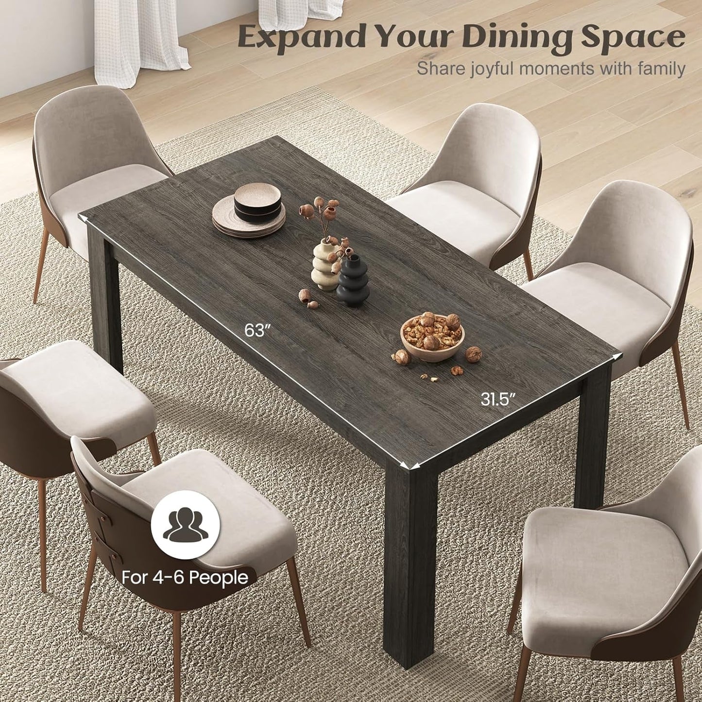 Dining Table, Kitchen Table, 63" L X 31.5" W X 30" H Large Table, Farmhouse Center Table for Living Room, Home Office, 330LBS Capacity, Dinette Table, Dinner Table, Dining Room Table (Grey)-3