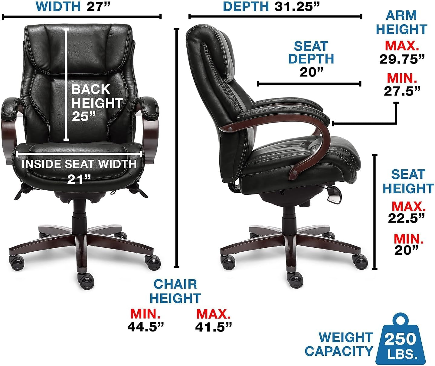 Bellamy Executive Office Chair with Memory Foam Cushions, Solid Wood Arms and Base, Waterfall Seat Edge, Bonded Leather, Black-2