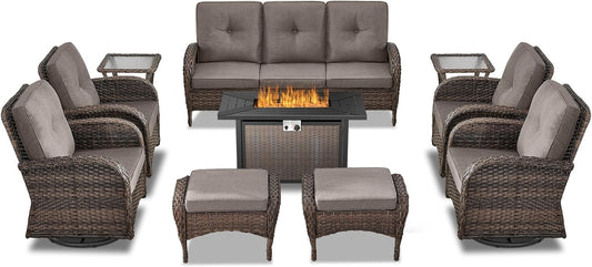 Expansive 10 Pieces Outdoor Patio Furniture Set with 43” Propane Fire Pit Table, Patio Conversation Set with Swivel Rocker Outdoor Chairs Set of 4 and Sofa, Ottoman and Wicker Side Table Brown-0