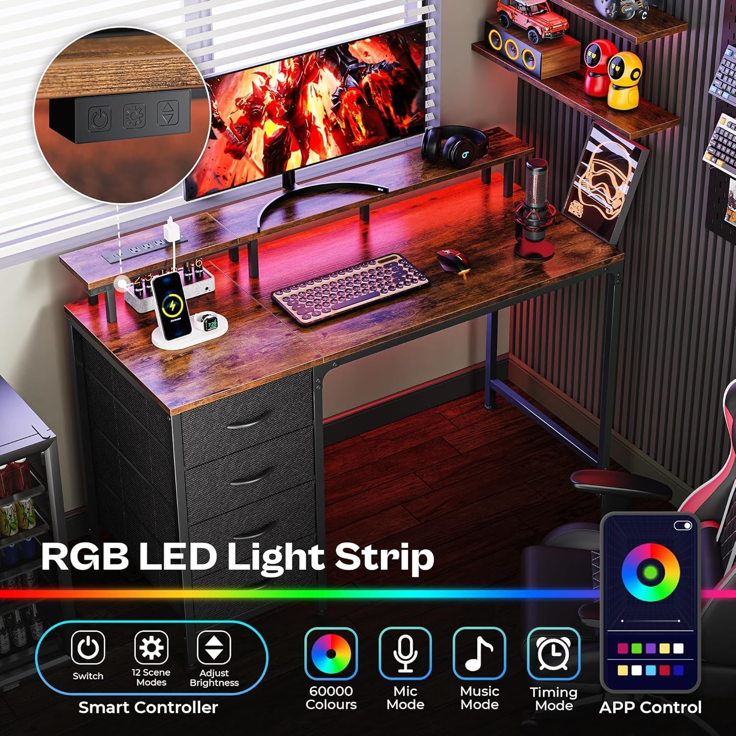 47 Inch Computer Desk with Power Outlets and LED Lights, Gaming Desk with 4 Drawers, Office Desk with Monitor Stand, Study Desk Work Desk for Home Office, Small Spaces, Rustic Brown-2