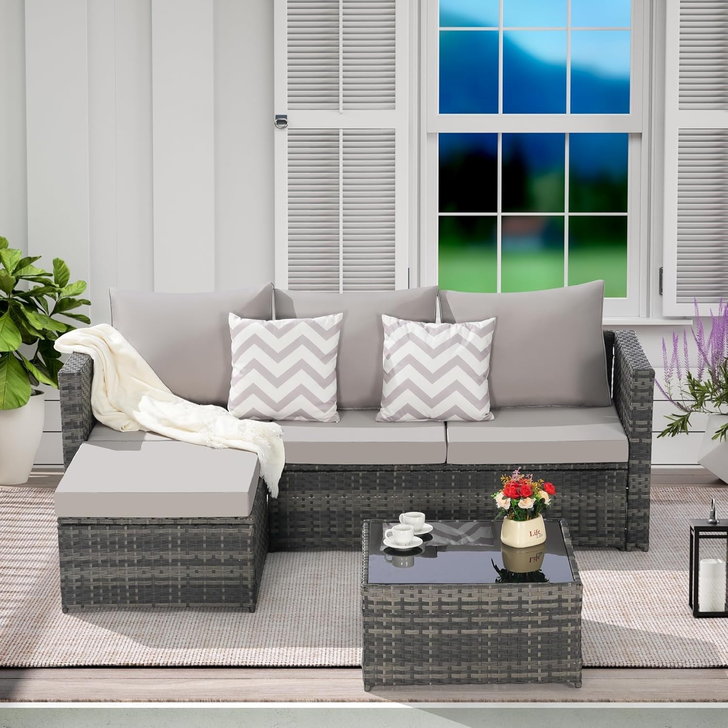 3 Pieces Patio Furniture Set All-Weather Outdoor Wicker Sectional Conversation Sofa Rattan Patio Sofa W/Cushion & Glass Table,Patio Conversation Set,Backyard Furniture for Porch (Light Gray)-2