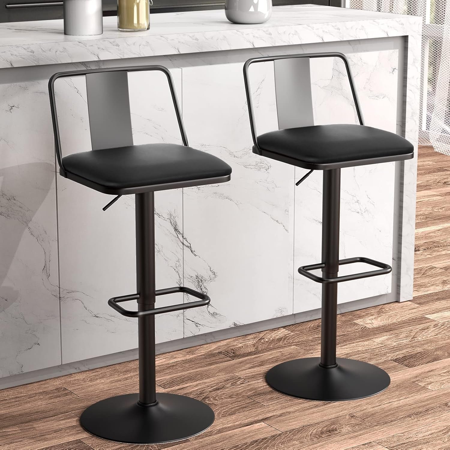 Metal Swivel Barstools Set of 2, Enlarged PU Leather Seat with Metal Back, Adjustable from 24" to 33" for Counter Height & Bar Height, Modern Design for Kitchen and Restaurant,Matteblack-0