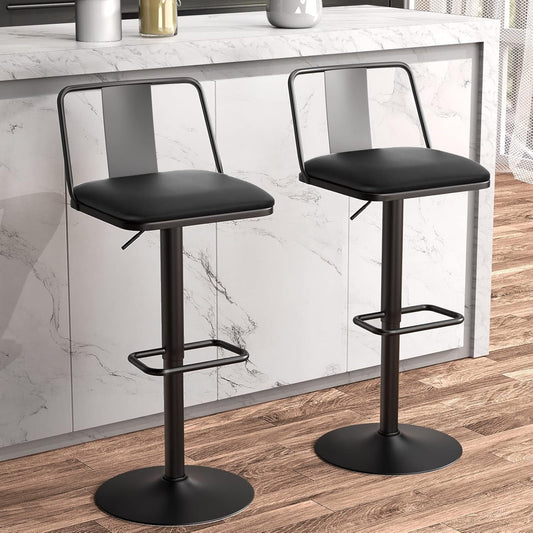 Metal Swivel Barstools Set of 2, Enlarged PU Leather Seat with Metal Back, Adjustable from 24" to 33" for Counter Height & Bar Height, Modern Design for Kitchen and Restaurant,Matteblack-0