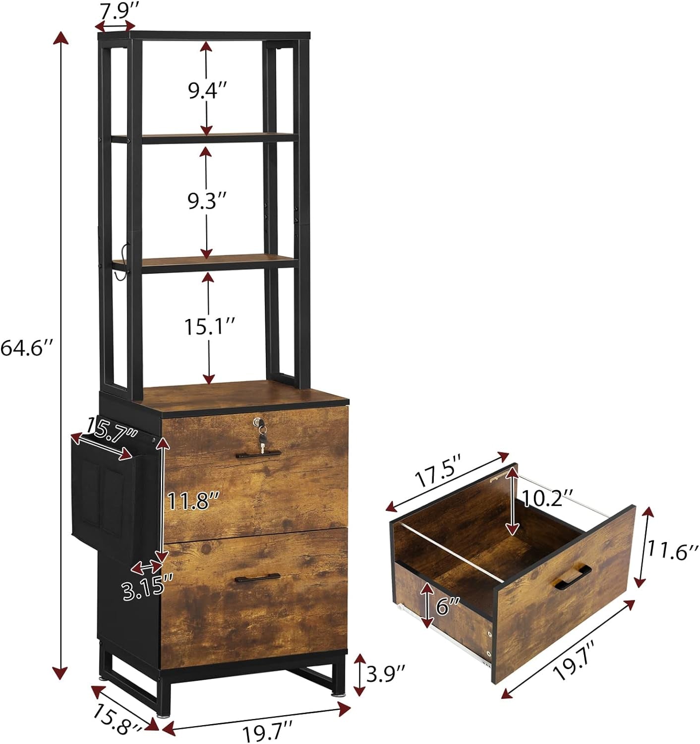 2 Drawer File Cabinet with Lock, Filing Cabinet Fits Letter, Legal, A4 Size, Hanging File Folders, File Cabinets for Home Office with Adjustable Storage Shelf and Hook, Rustic Brown-1