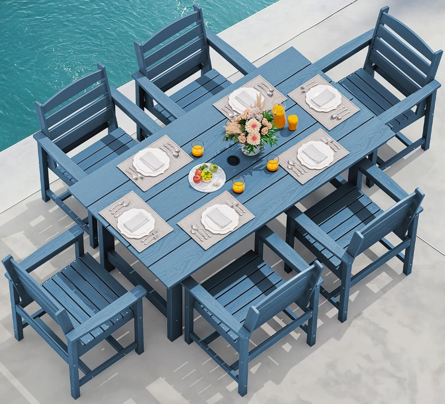 7-Piece Patio Dining Table Sets, Outdoor HDPE Dining Furniture Set with Umbrella Hole Cut-Out Table and 6 Chairs, Blue-0