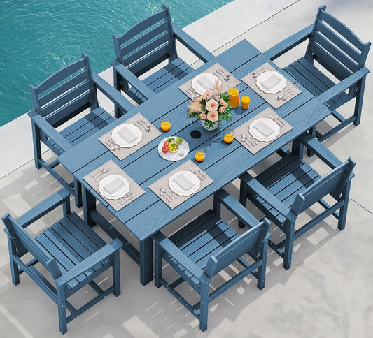 7-Piece Patio Dining Table Sets, Outdoor HDPE Dining Furniture Set with Umbrella Hole Cut-Out Table and 6 Chairs, Blue-0