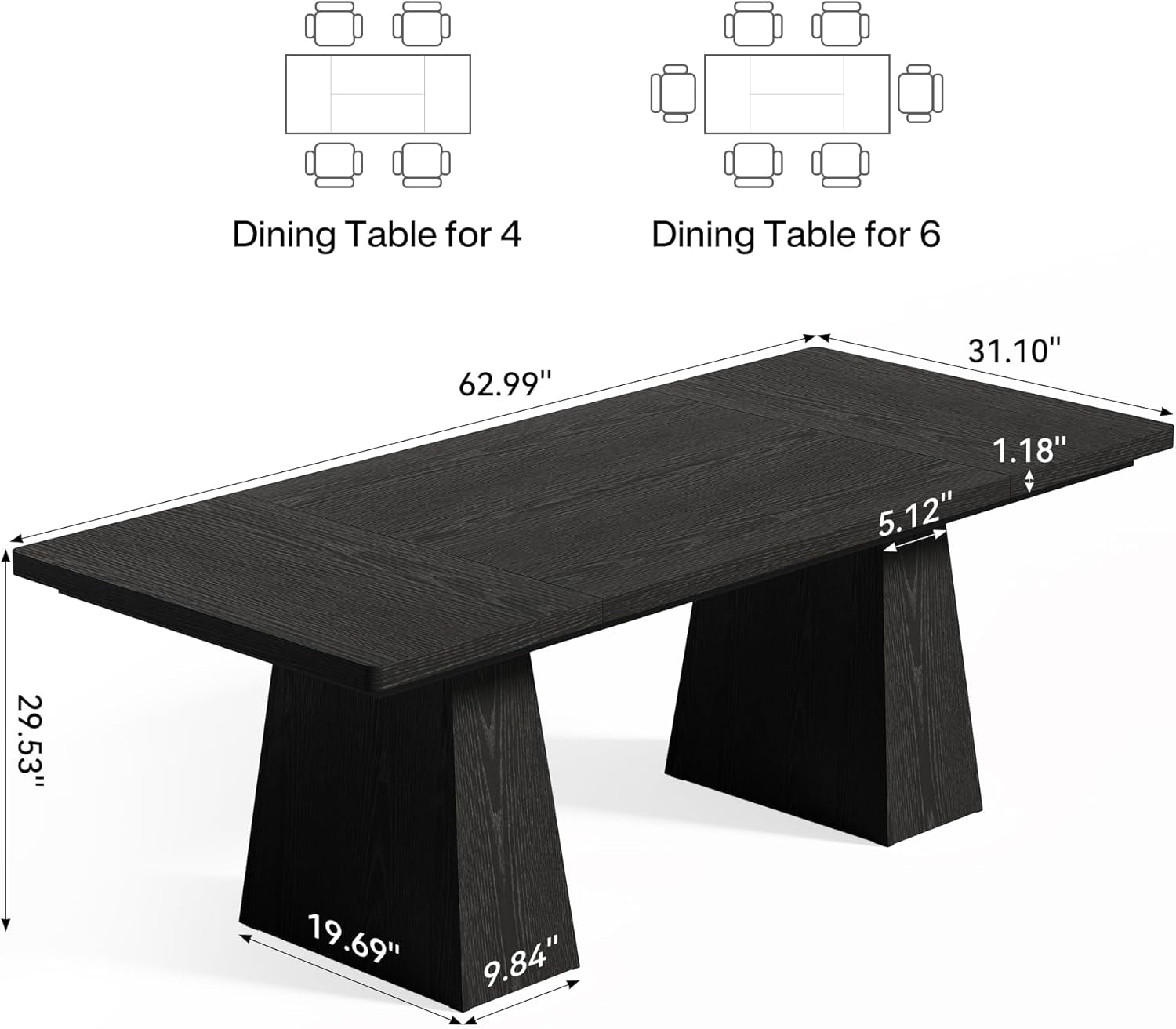 Dining Table for 6 People, Wooden Dining Table, Rectangle Table with Heavy Duty Legs, Modern Dining Table for Kitchen, Dining Room, Black-1