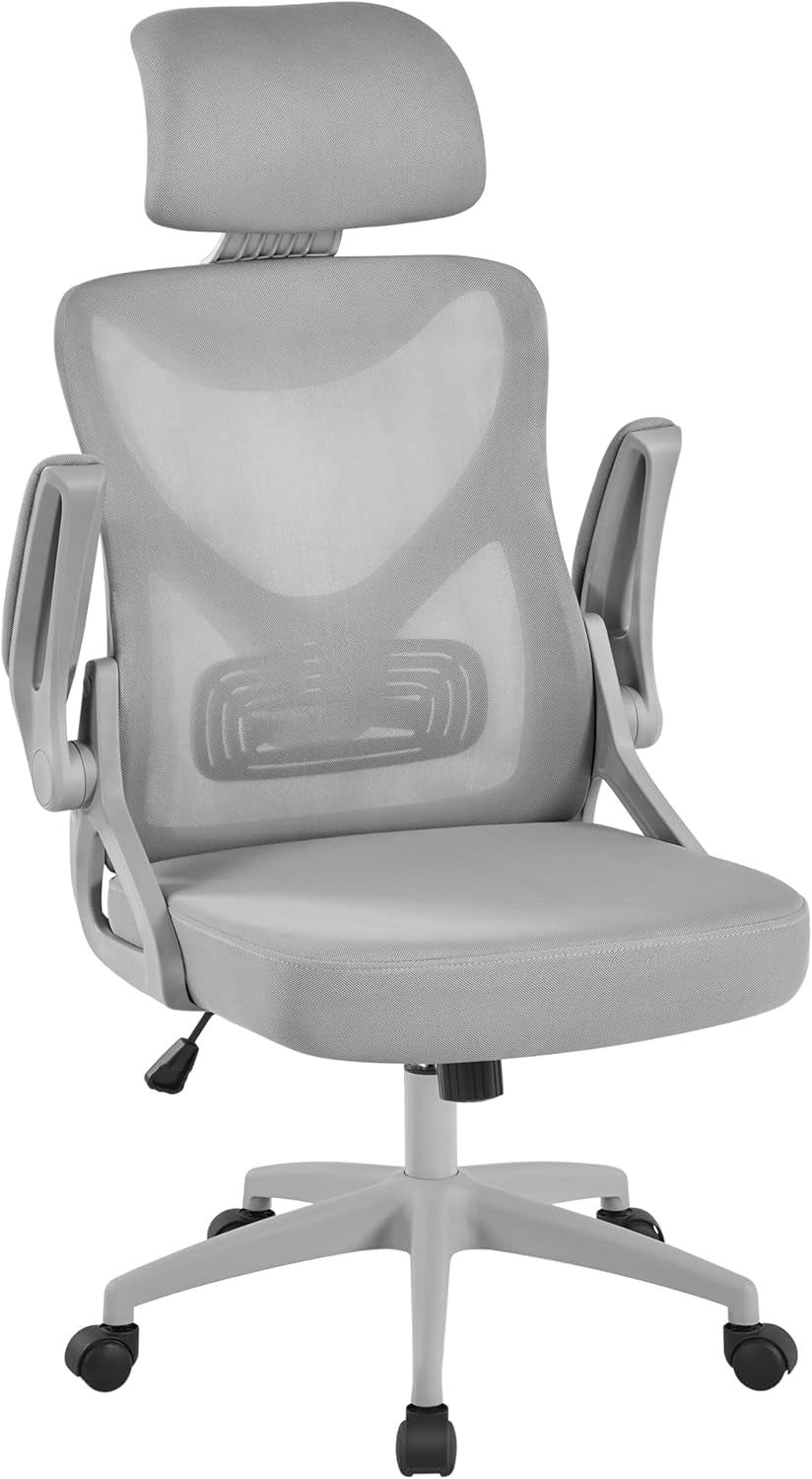 Ergonomic Mesh Office Chair, High Back Desk Chair with with Flip-Up Armrests, Adjustable Padded Headrest Computer Chair with Lumbar Support for Home Oiffce Game Room, Full Gray-0