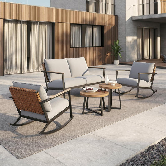 Outdoor Rocking Chairs, 5-Piece Leather-Look Patio Bistro Set Outdoor Furniture Conversation Sets with Loveseat, 2 Rocking Chairs and 2 Faux Wood Grain Coffee Table, 4.75'' Grey Cushions-0