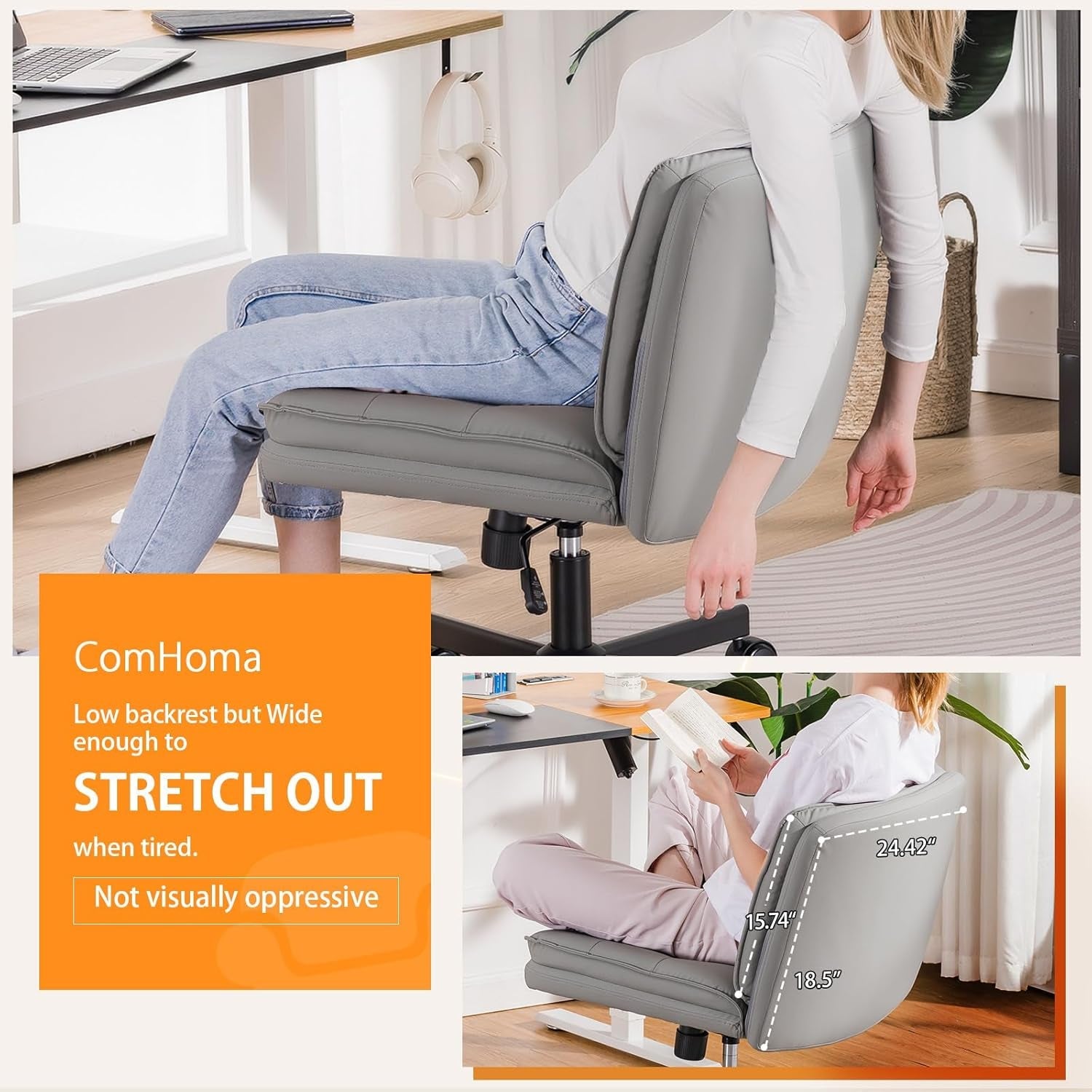 Criss Cross Chair with Wheels, Armless Wide Cross Legged Office Chair Mid Back, Modern Home Office Desk Chair Swivel Adjustable Vanity Computer Chair, Gray-4