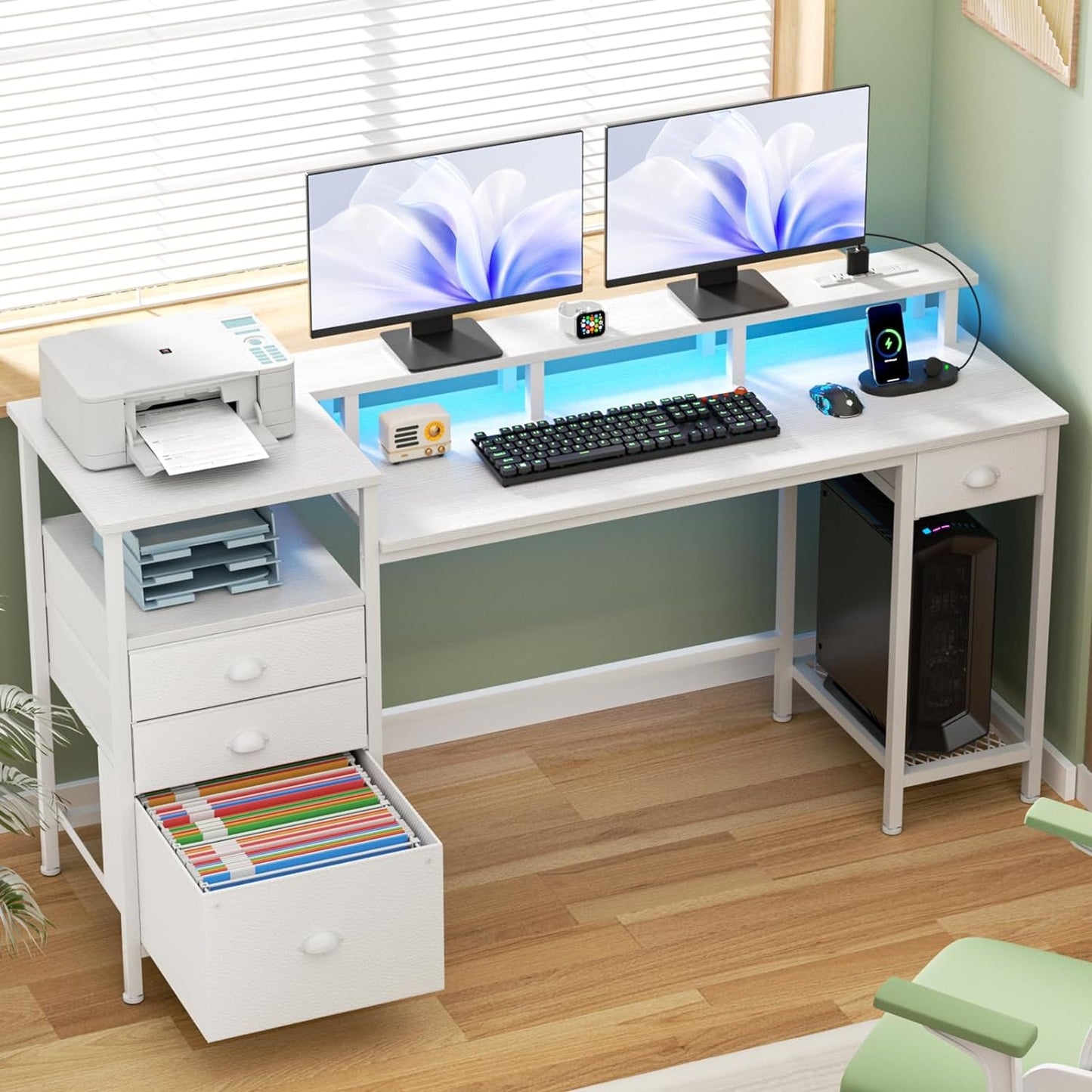 White Computer Desk with 4 Drawers, 60" Long Office Desk with Fabric File Cabinet and Power Outlets, Gaming Desk with LED Lights, Study Writing Work Desk with Shelf for Home Office-3