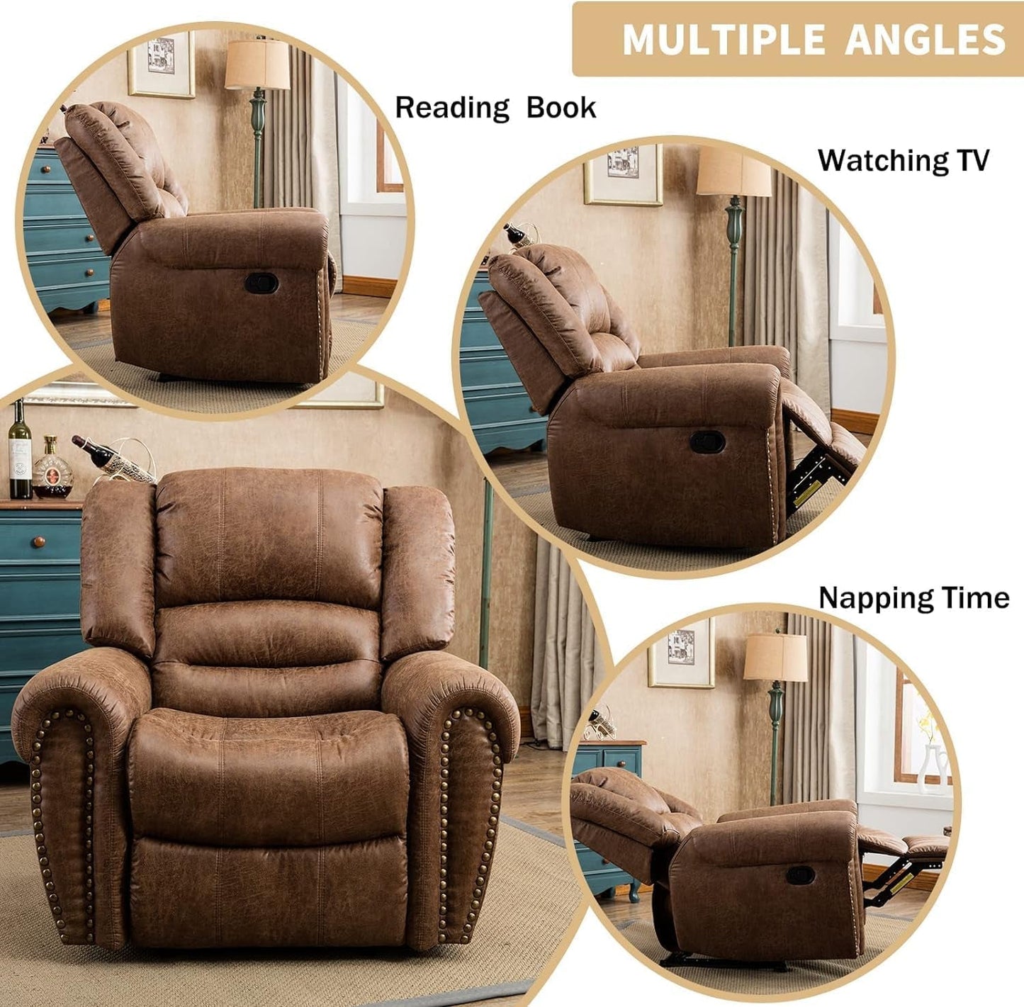 Leather Recliner Chair Set of 2, Classic and Traditional Manual Recliner Chair with Comfortable Arms and Back,Manual Single Recliner Sofa for Living Room, Nut Brown-4