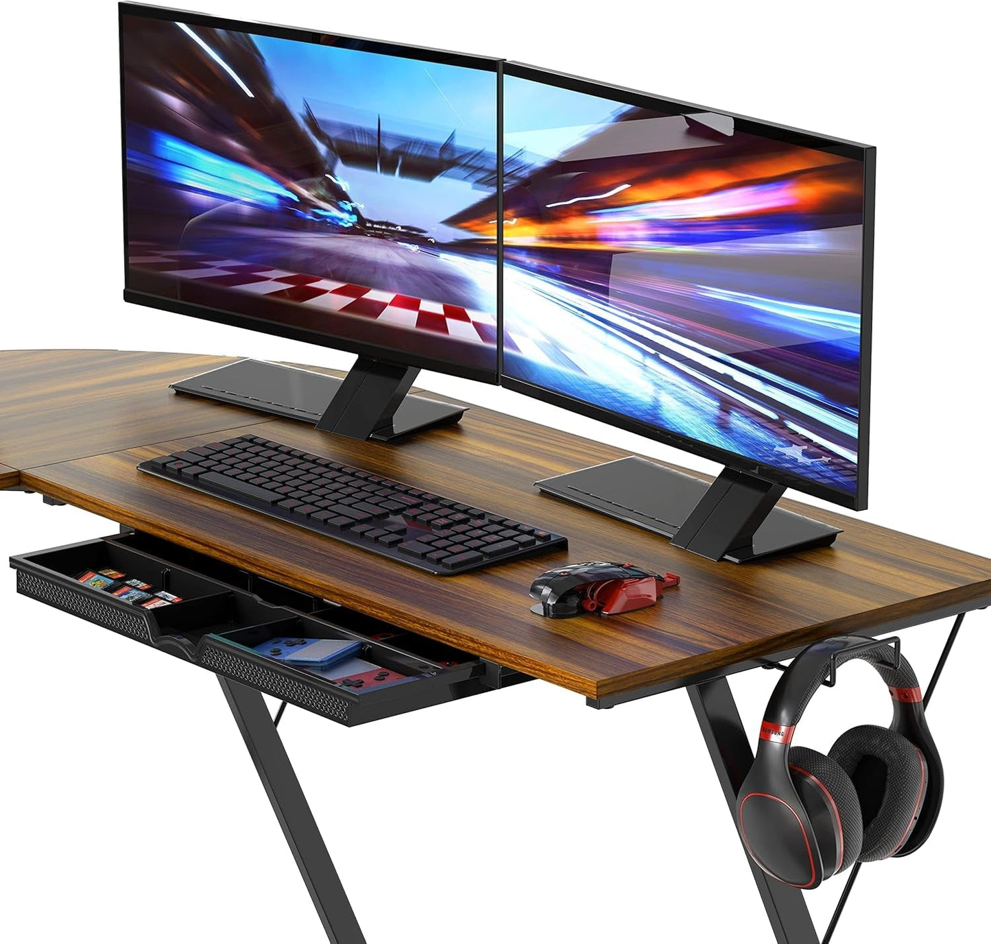 Vista L-Shape Desk with Monitor Stand, Walnut-4