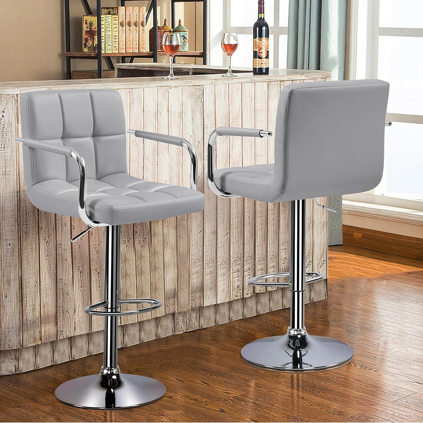 Modern Bar Stools Set of 2 Swivel Kitchen Stool Height Adjustable Square Counter Stool with Back&Armrest PU Leather Stool, Light Grey-1