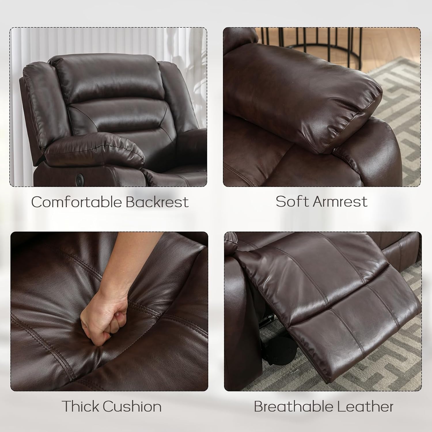 Faux Leather Power Recliner Sofa Set, Electric Recliner Chair, Loveseat Reclining Sofa and 3 Seat Recliner Sofa, Couch Set for Living Room, Bedroom Furniture, Meeting Room, Brown-2