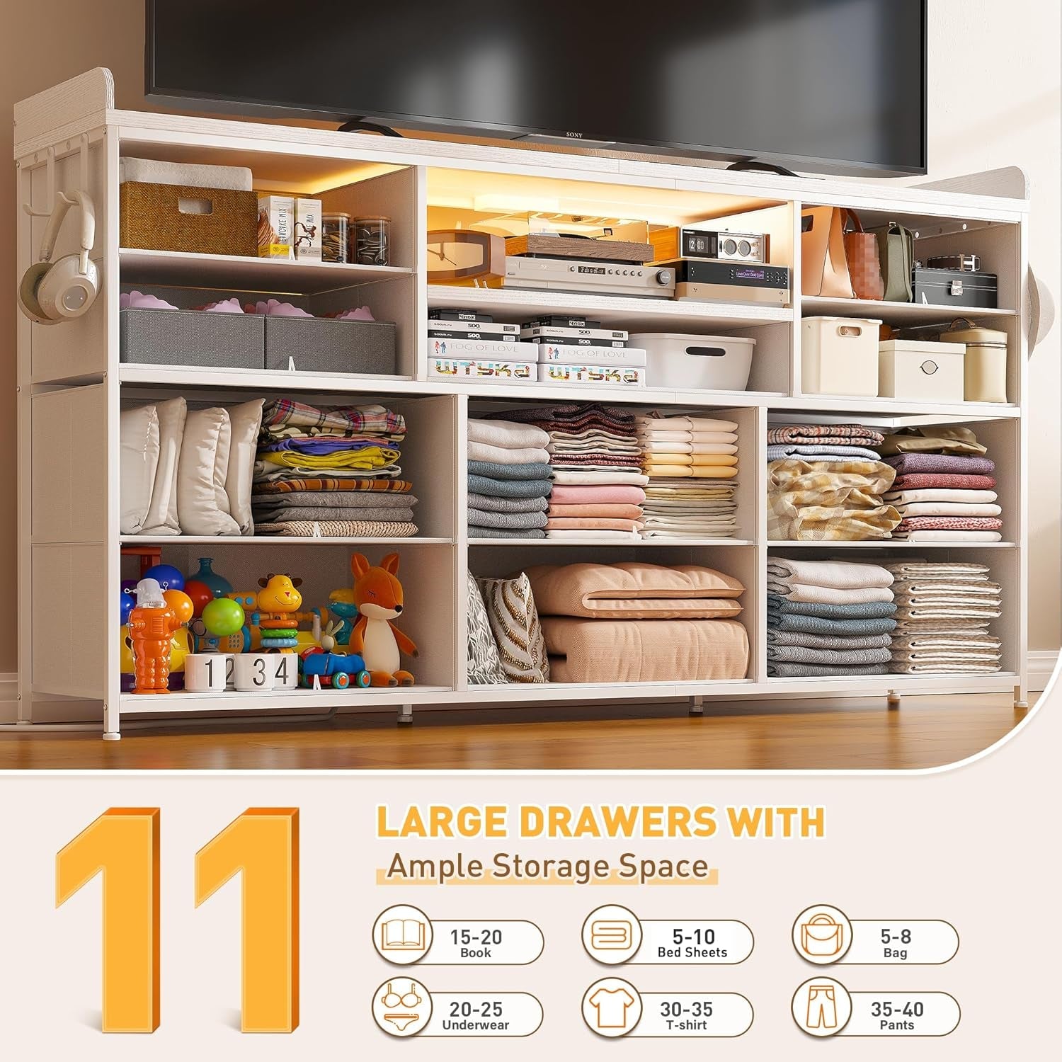 Dresser for Bedroom with 11 Drawers for 60" TV Stand for Bedroom with LED Lights & Charging Station Long Dresser with Shelves & 4 Hooks Sturdy Metal Frame & Fabric Drawers (White)-3
