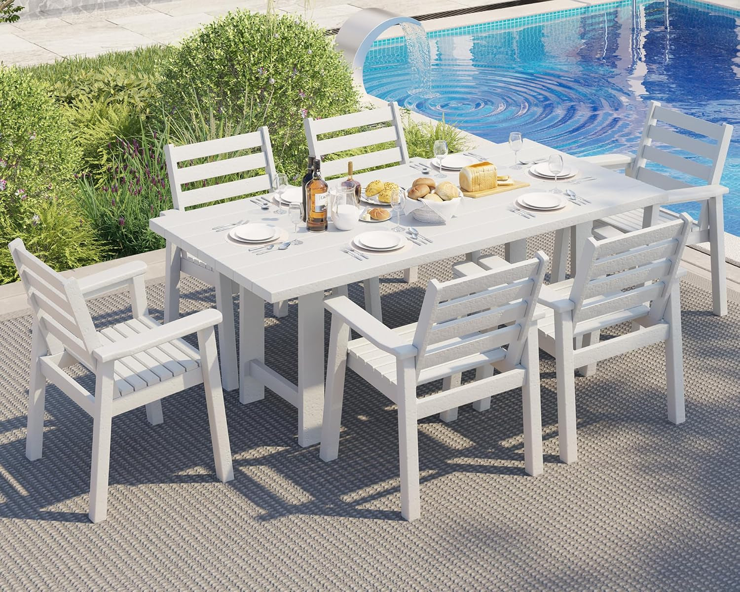7-Piece HDPE Outdoor Dining Table Set with 6 Chairs, 71" L Patio Dining Furniture Set with Umbrella Hole, Modern Dinner Table & Chairs Set for Garden, Backyard, Poolside, White-0