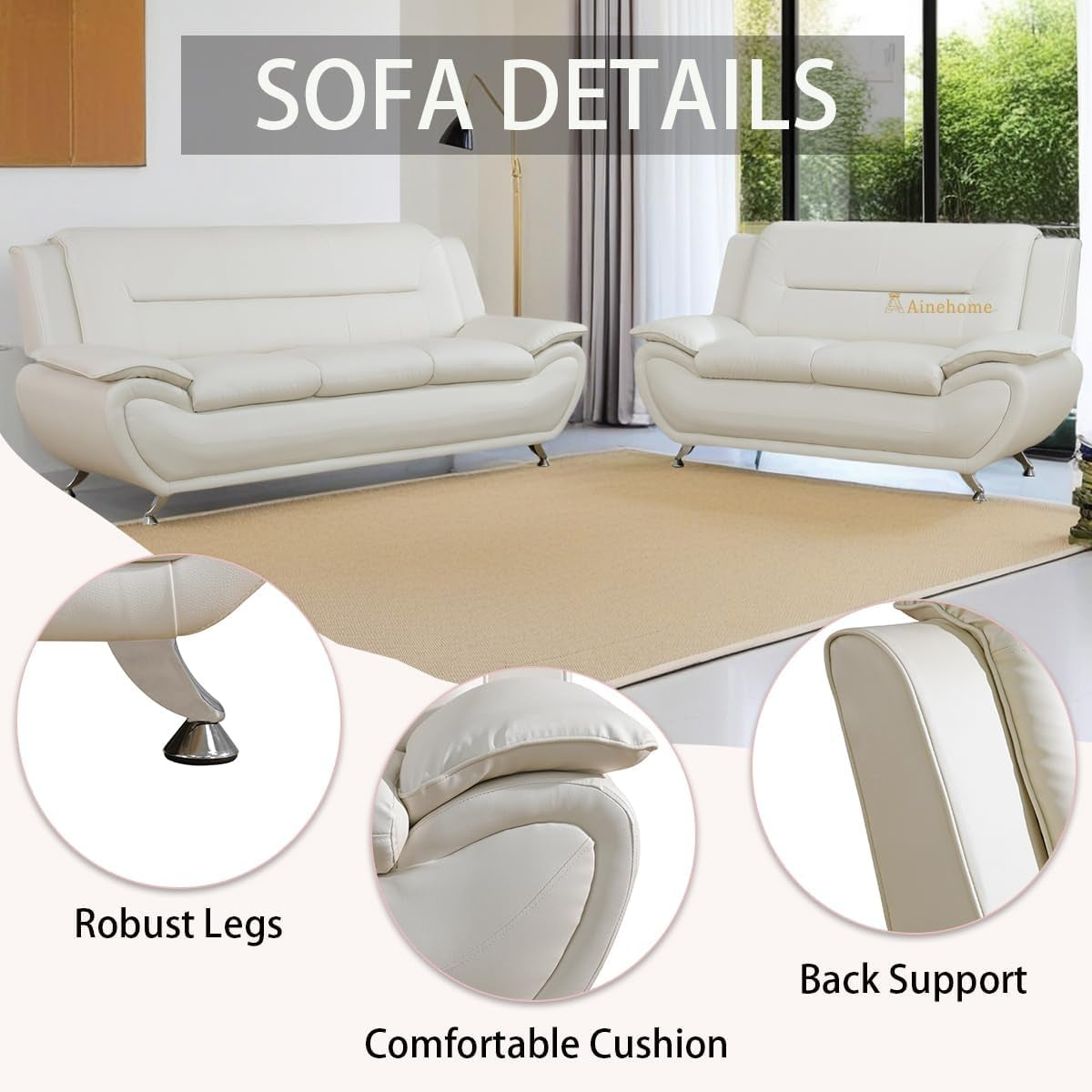 Sectional Sofa Sets, Living Room Furniture Sets Modern Faux Leather Sofa Couch 5-Seat Sofa for Living Room(A-Creamy White, Sofa+Loveseat)-2
