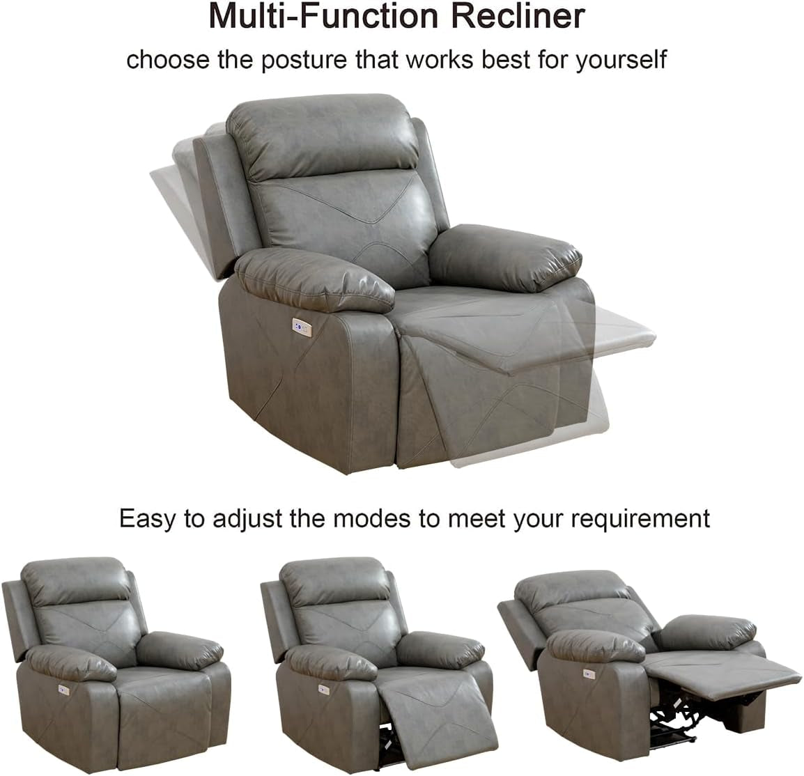 Power Recliner Sofa Set with LED Lights,Leather Living Room Furniture Set with USB Port/Storage Console/Cup Holders,Reclining Sofa Set for House/Home Theater(2 Pieces，Grey)-2