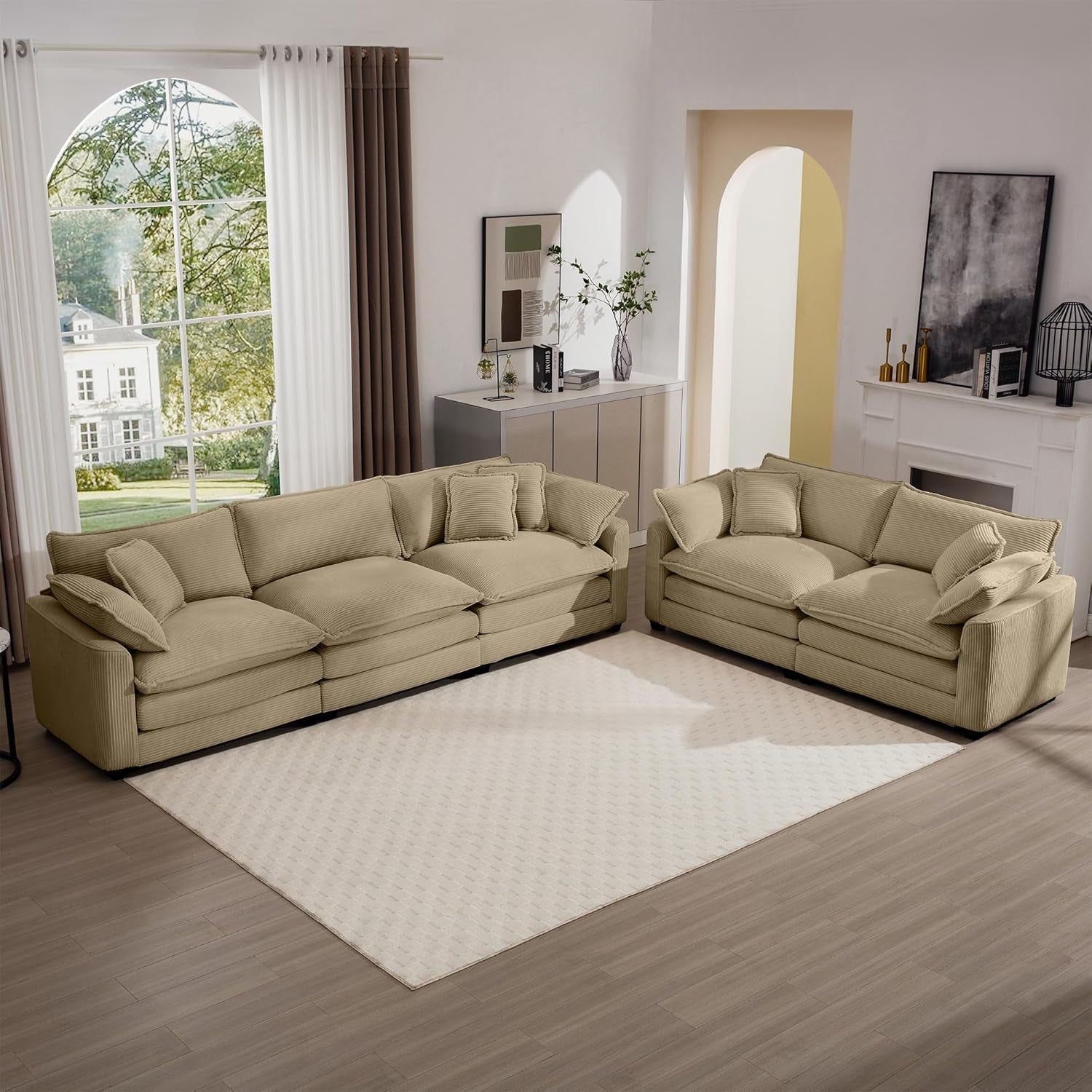 Oversized 2 Piece Sofa Set for Living Room, 3-Seater & Loveseat Couch, Modular Sectional Deep Seat Corduroy Comfy Cloud Couches with 4 Armrest Pillows and 5 Toss Pillows, Camel-0