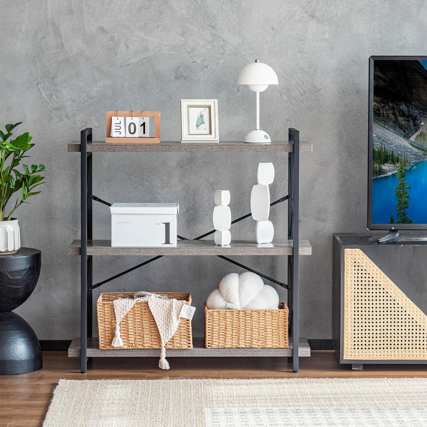 Bookshelf, 3-Tier Industrial Bookcase, Rustic Open Book Shelf, Freestanding Horizontal Bookshelves with Metal Frame-3