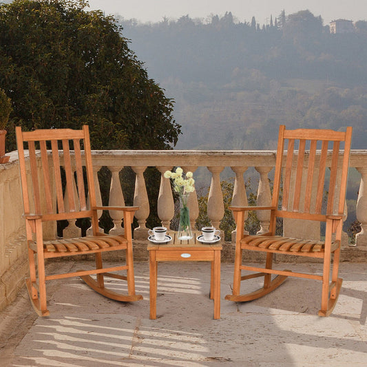 3 Pieces Eucalyptus Rocking Chair Set with Coffee Table-0