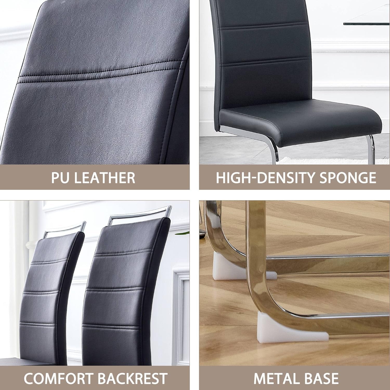 Modern Dining Chairs Set of 4, PU Faux Leather High Back Upholstered Dining Room Side Chair with Horizontal Stripe Backrest Design for Kitchen Living Room Vanity Patio Dinner Chairs, Black-3