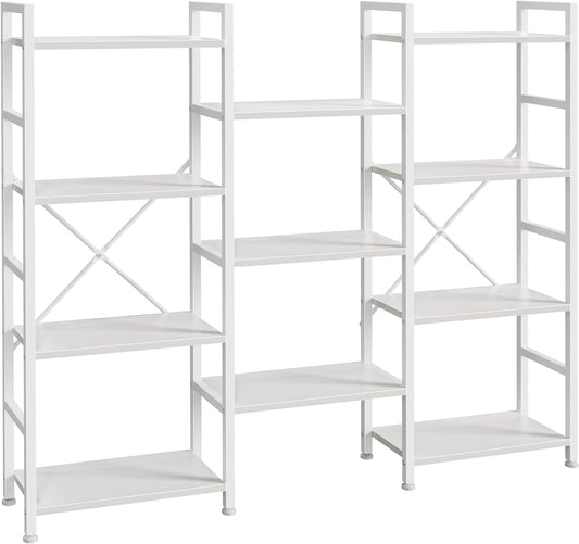 Triple 4 Tier Bookshelf, Bookcase with 11 Open Display Shelves, Wide Book Shelf Book Case for Home & Office, White-0