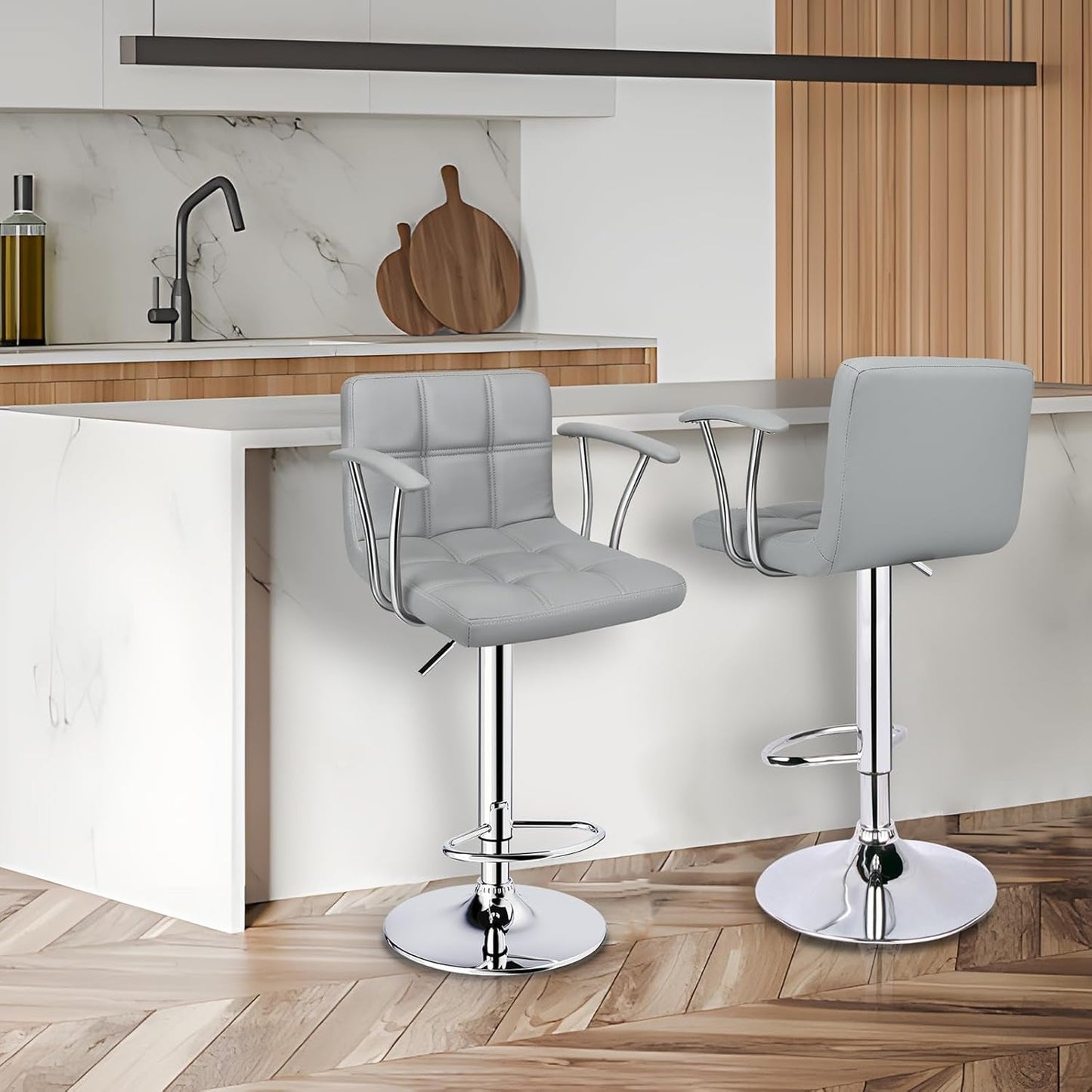 Bar Stools Set of 2,Armrest Adjustable Swivel Barstools with Back,Double Needle PU Leather Counter Height Bar Stools for Kitchen Island, Light Grey-1