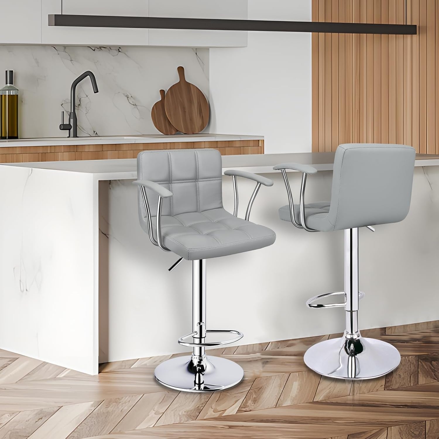 Bar Stools Set of 2,Armrest Adjustable Swivel Barstools with Back,Double Needle PU Leather Counter Height Bar Stools for Kitchen Island, Light Grey-1